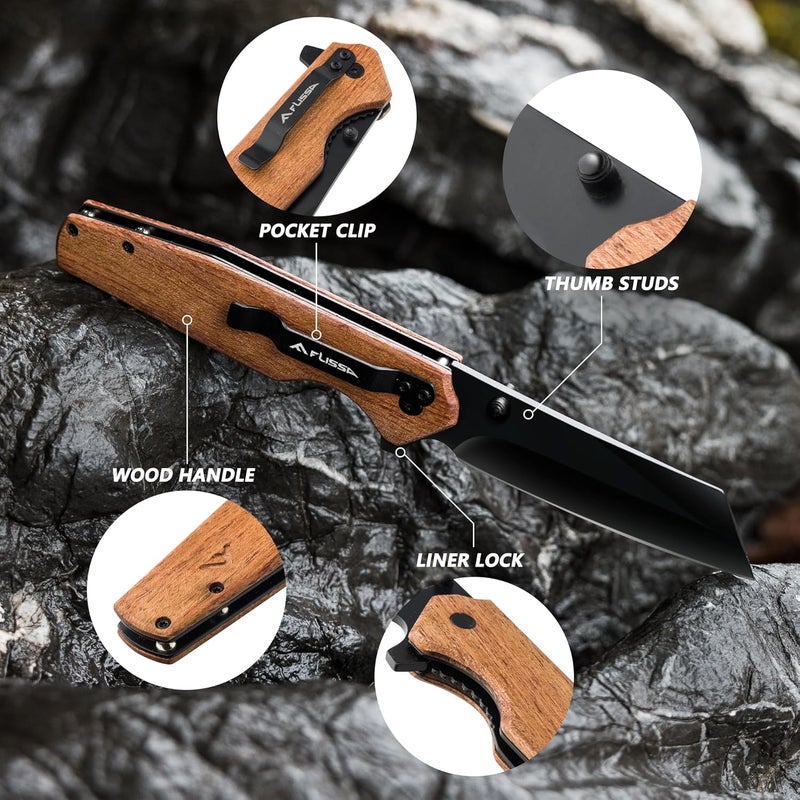 FLISSA Folding Knife, 4-3/4" Reverse Tanto Folding Pocket Knife, Black Stonewash Blade, Wood Handle, for Hunting, Survival, Camping and Outdoor Activities, Great Gifts for Dad, Husband, Friend - Image 4